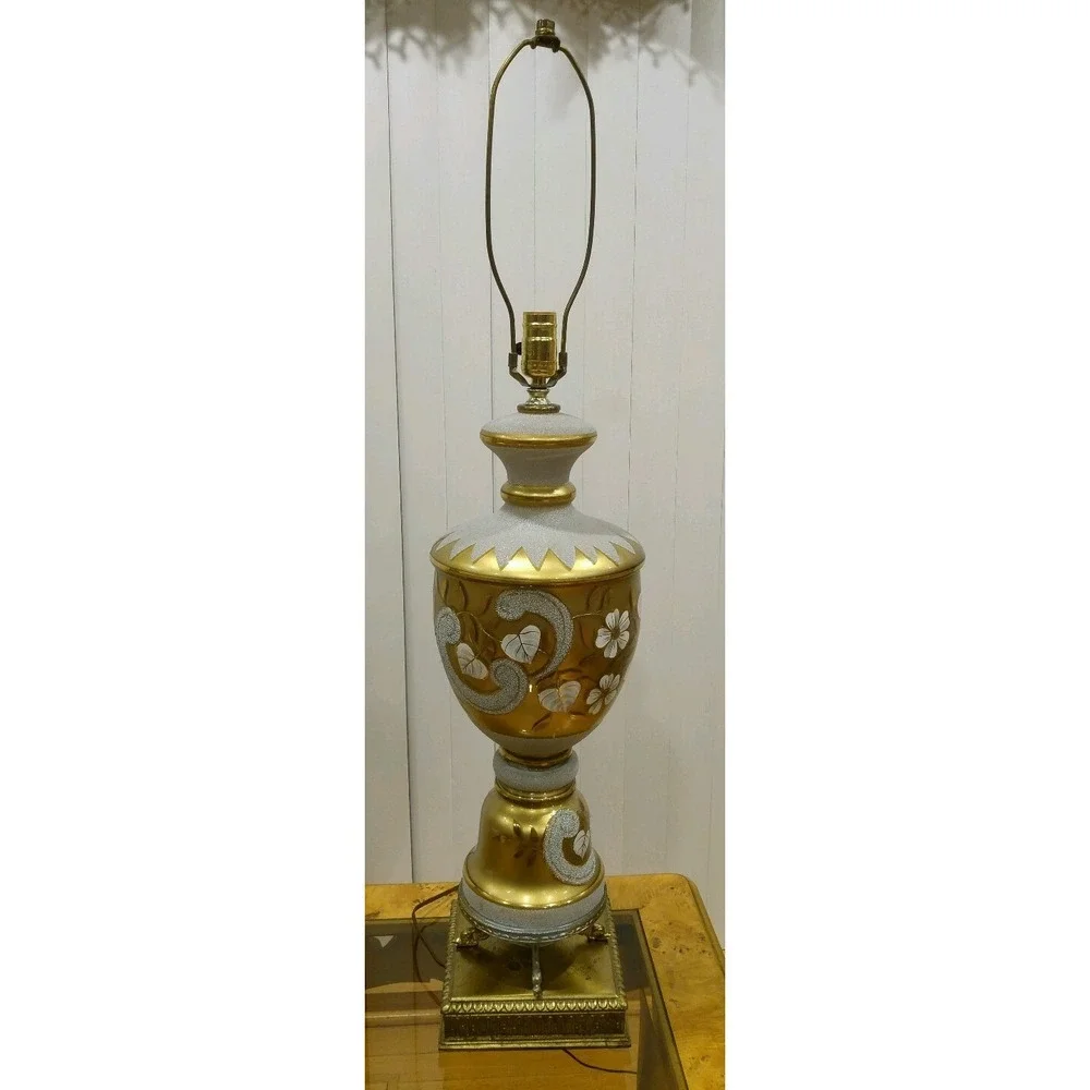 Vintage Gold Colored Glass Floral Pattern Table Lamp Square Brass Base Germany